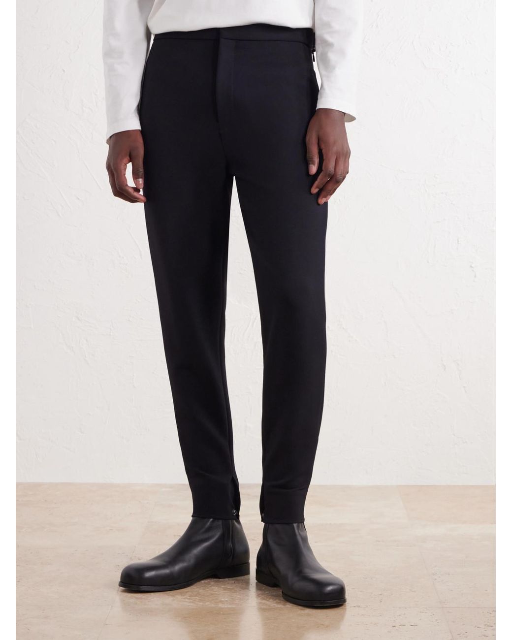 Loewe Blue Tapered Leather-Trimmed Wool-Blend Twill Trousers for men