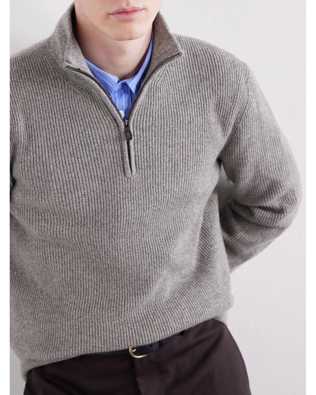 Piacenza 1733 Gray Ribbed Cashmere Half-Zip Sweater for men