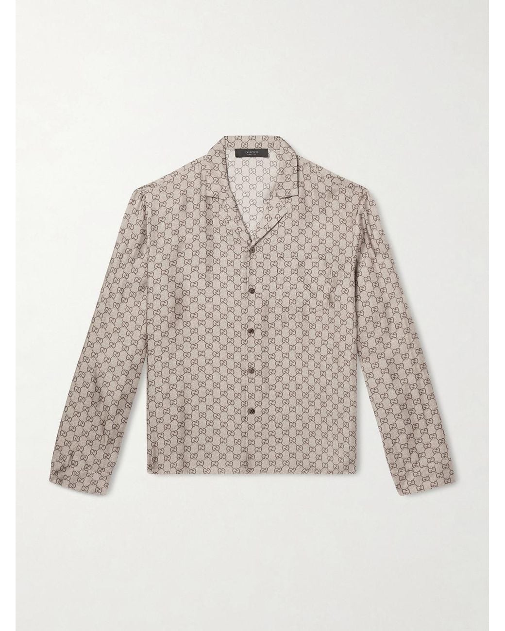 Gucci White Camp-Collar Logo-Jacquard Silk-Twill Shirt for men