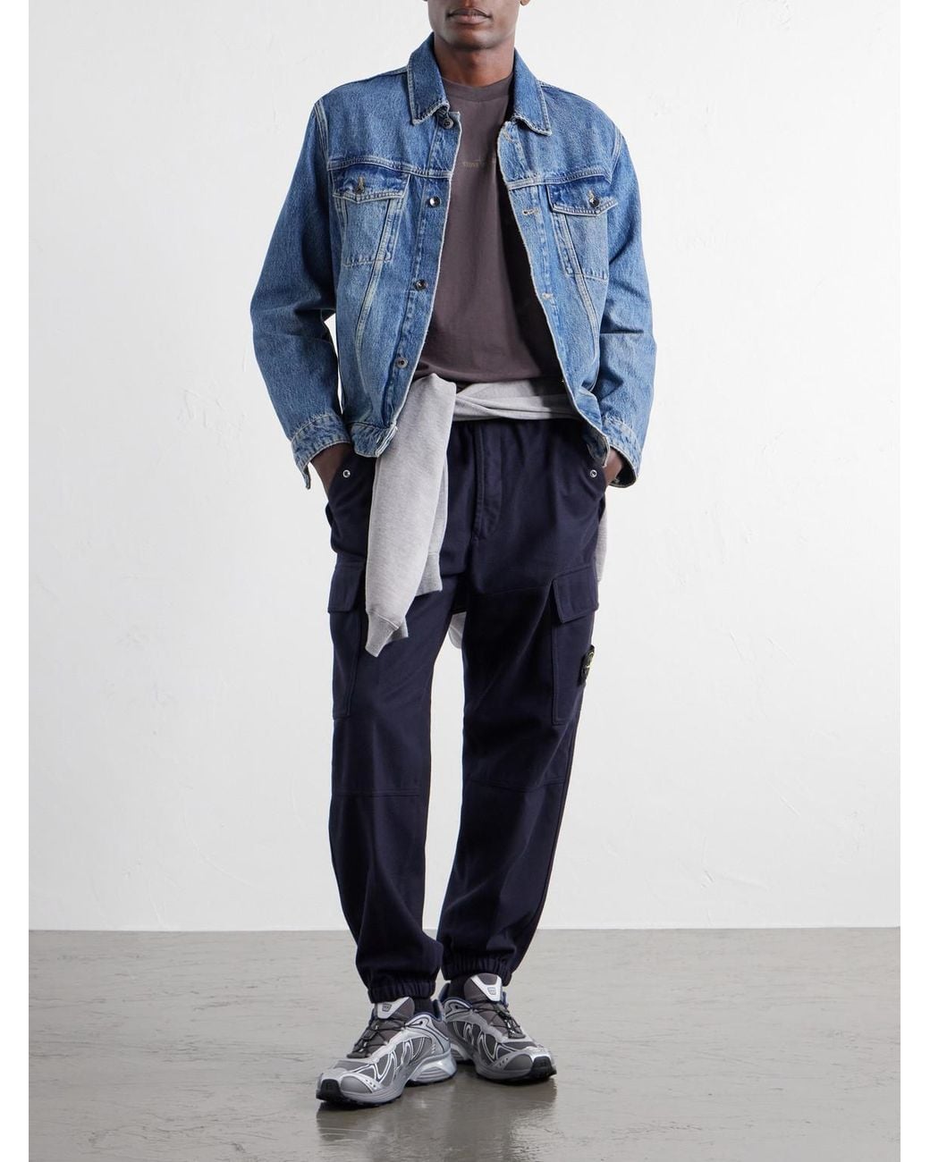 Stone Island Blue Garment-Dyed Wool-Blend Nylon Flannel-Tc Cargo Sweatpants for men