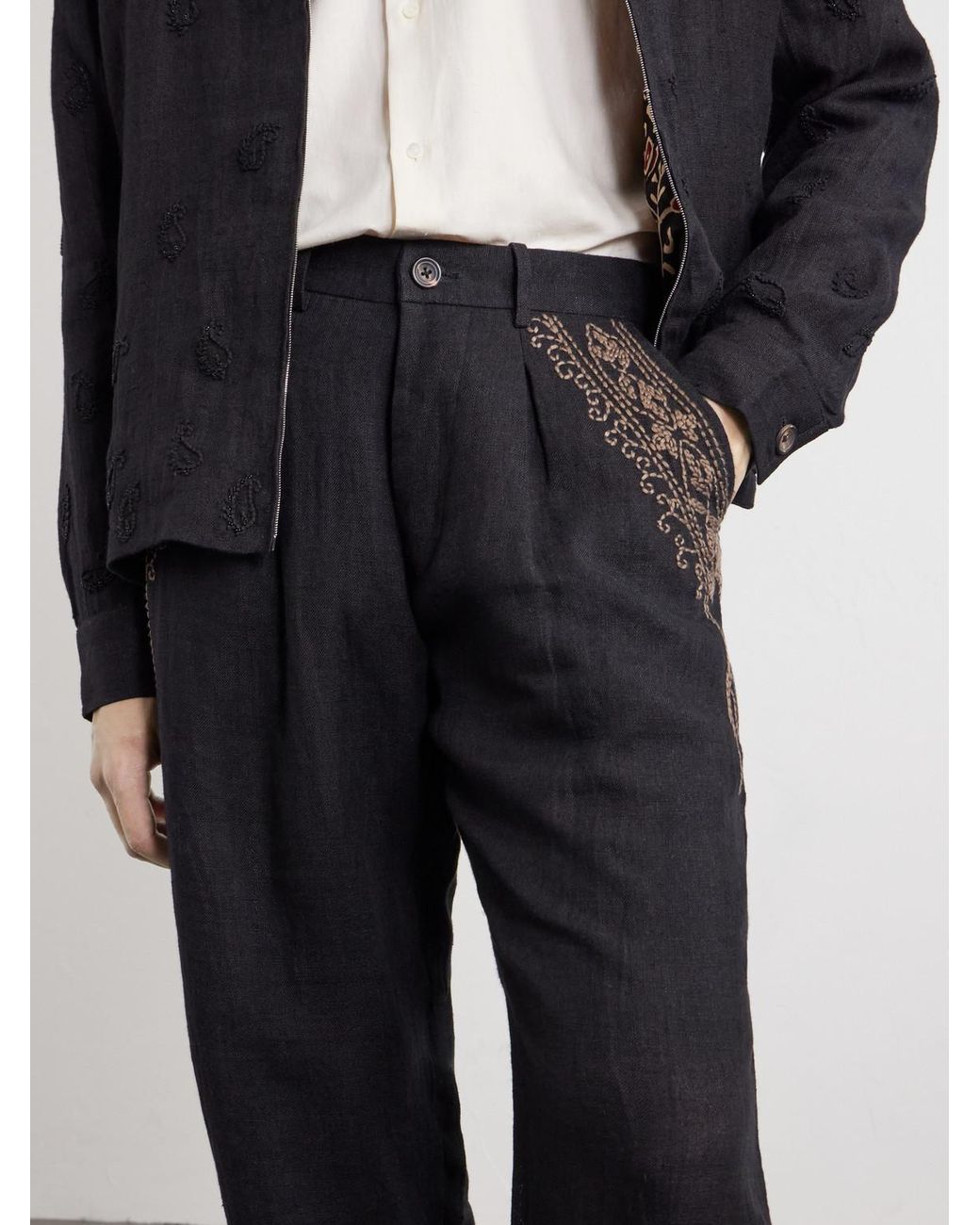Kartik Research Blue Straight-Leg Zardozi Embroidered Pleated Linen Trousers for men