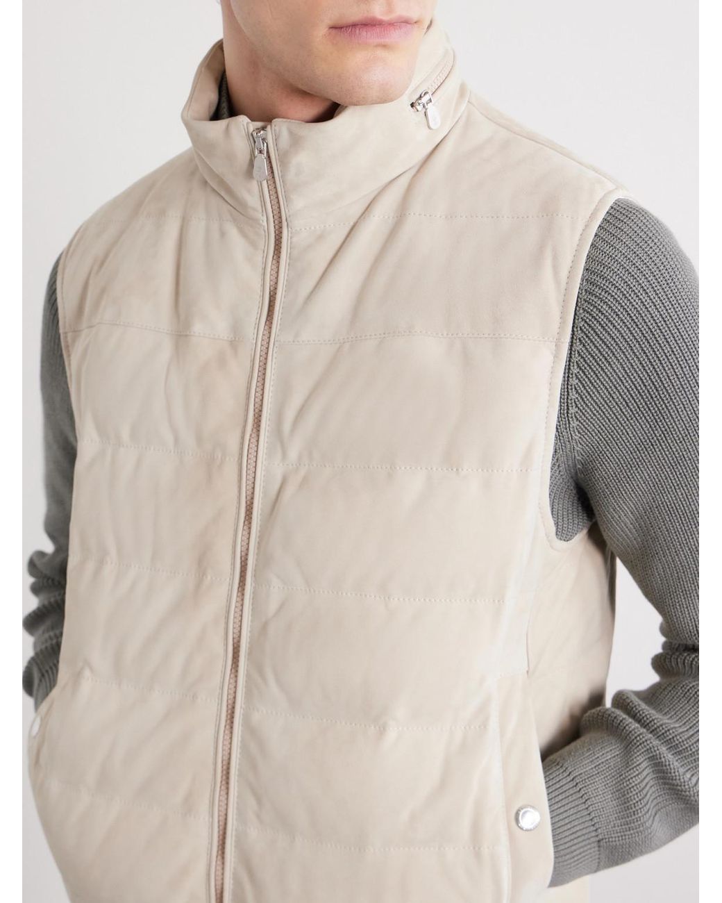 Brunello Cucinelli Natural Hooded Suede Down Gilet for men