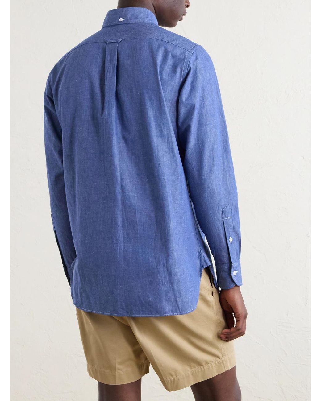 Drake's Blue Button-Down Collar Cotton And Linen-Blend Polo Shirt for men
