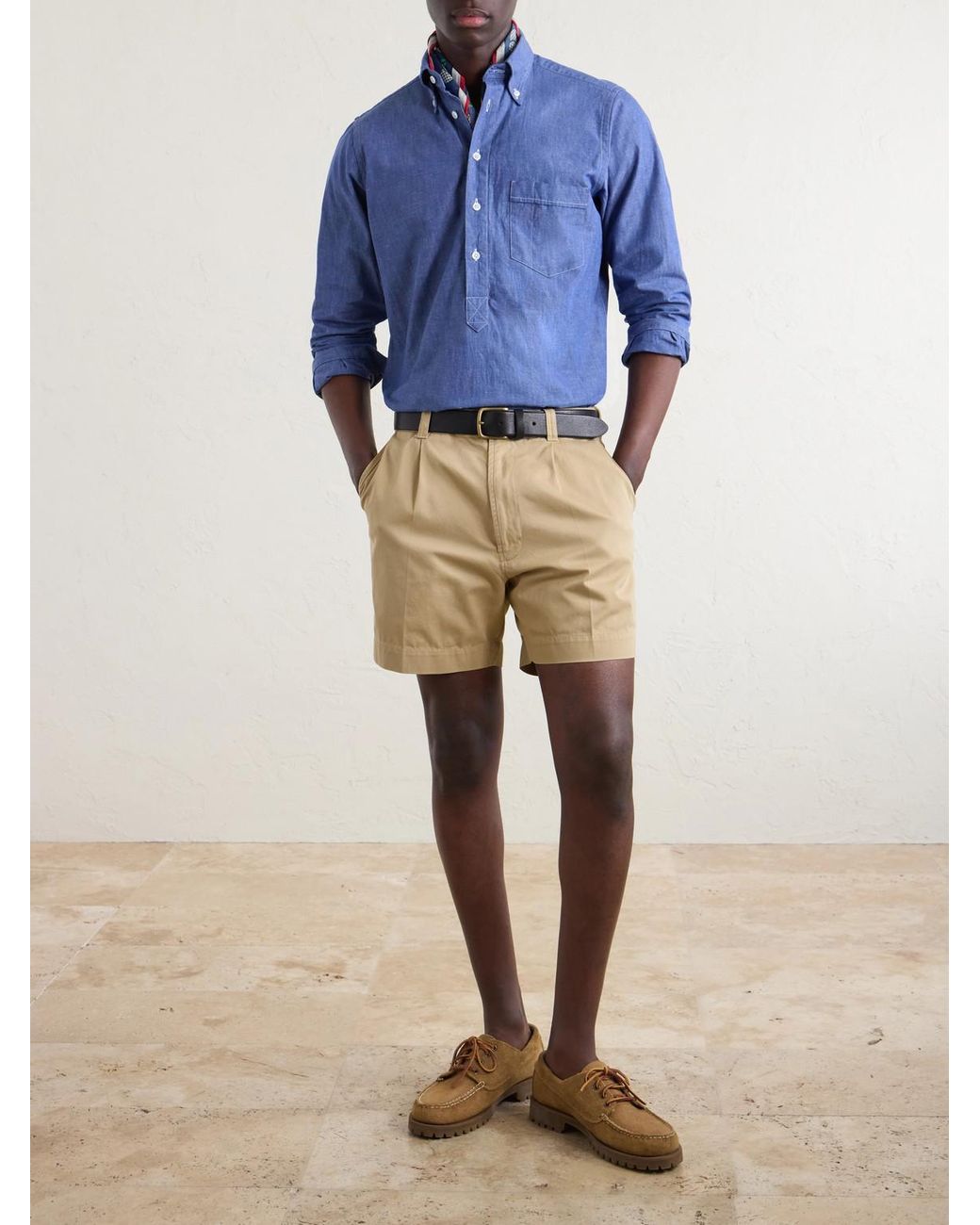 Drake's Blue Button-Down Collar Cotton And Linen-Blend Polo Shirt for men