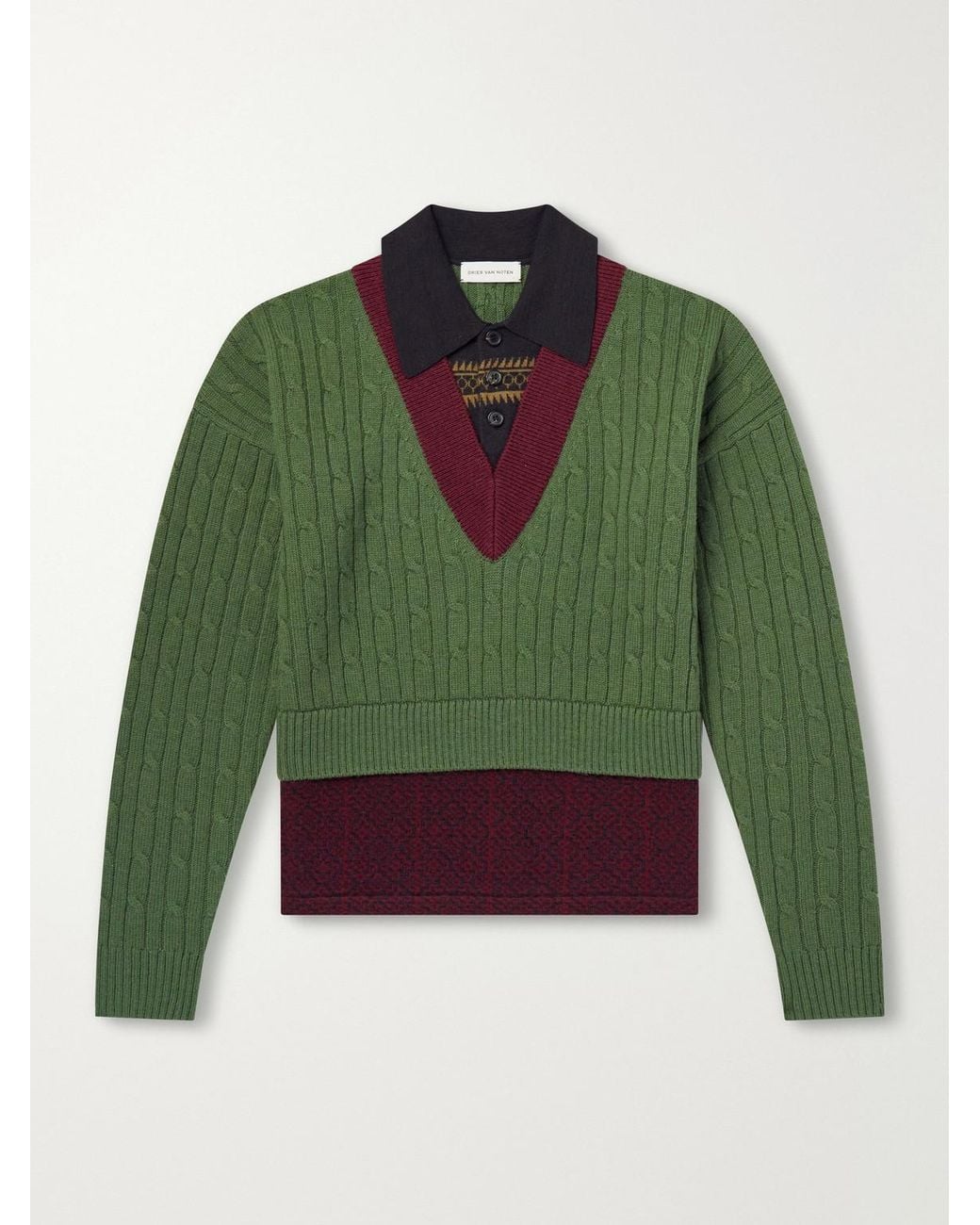 Dries Van Noten Green Jacquard-trimmed Cable-knit Wool And Cotton-blend Sweater for men
