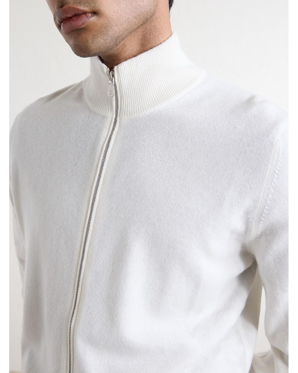 Brunello Cucinelli White Cashmere Zip-Up Sweater for men