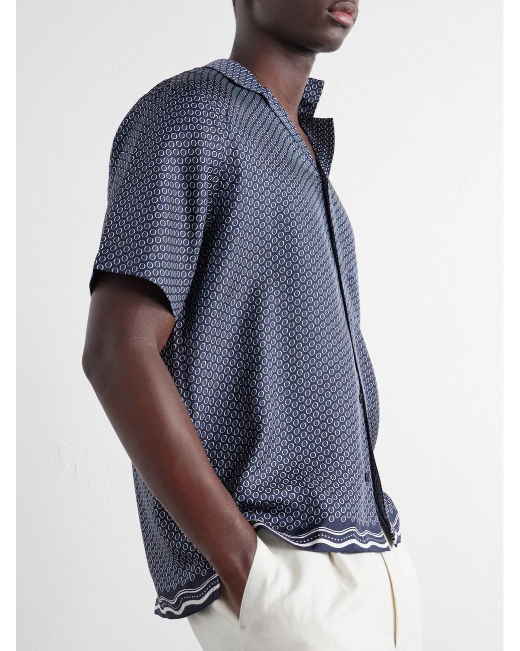 Orlebar Brown Blue Maitan Camp-Collar Printed Silk-Satin Shirt for men