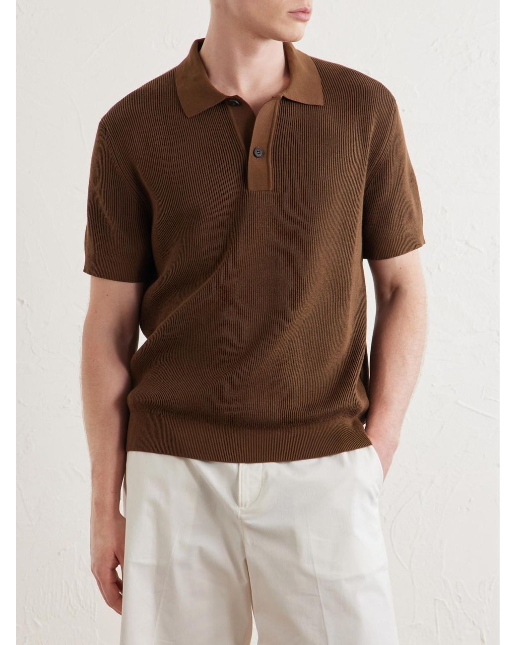 Sunspel Brown Ribbed Cotton Polo-Shirt for men