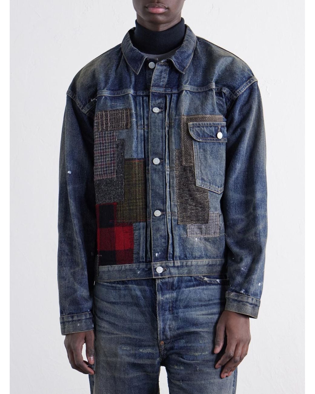 Junya Watanabe Blue Patchwork Distressed Paint-Splattered Denim Jacket for men