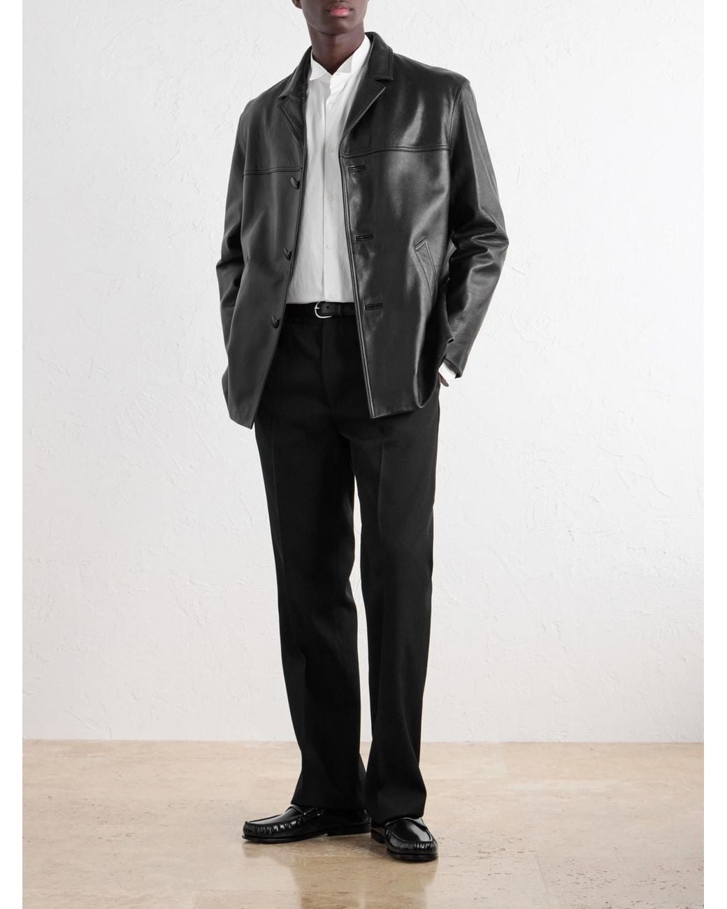 Totême Black Panelled Full-Grain Leather Jacket for men