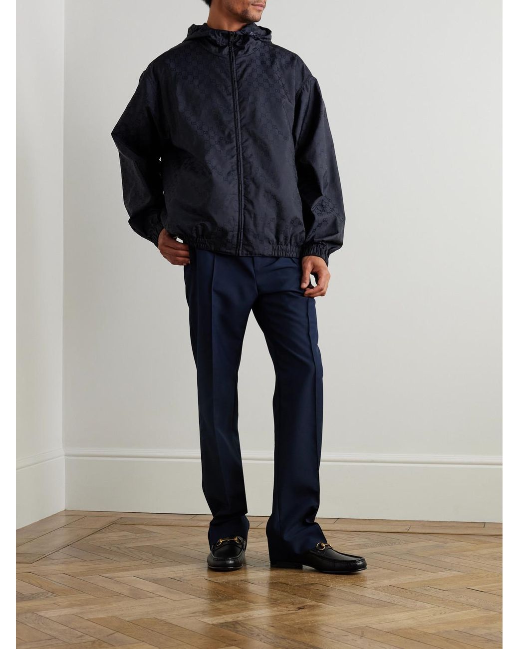 Gucci Blue Gg Logo-Jacquard Shell Hooded Jacket for men