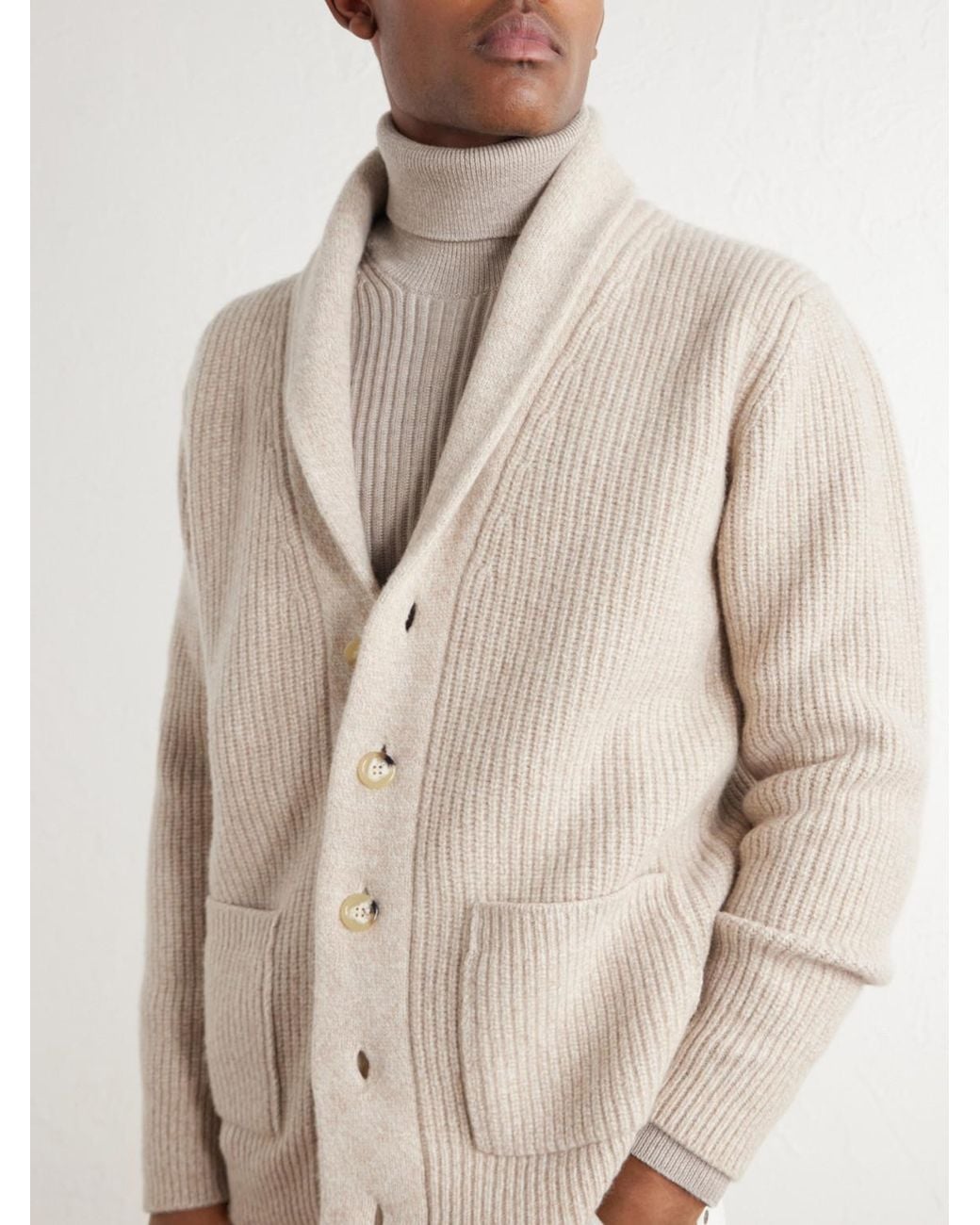 De Petrillo Natural Ribbed Merino Wool And Cashmere-Blend Cardigan for men