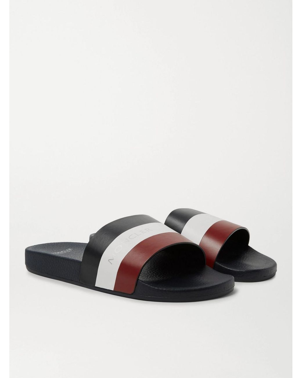 Moncler White Basile Logo-Print Striped Leather Slides for men