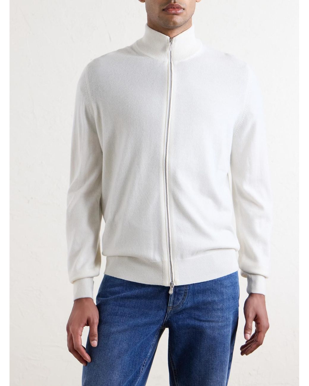 Brunello Cucinelli White Cashmere Zip-Up Sweater for men