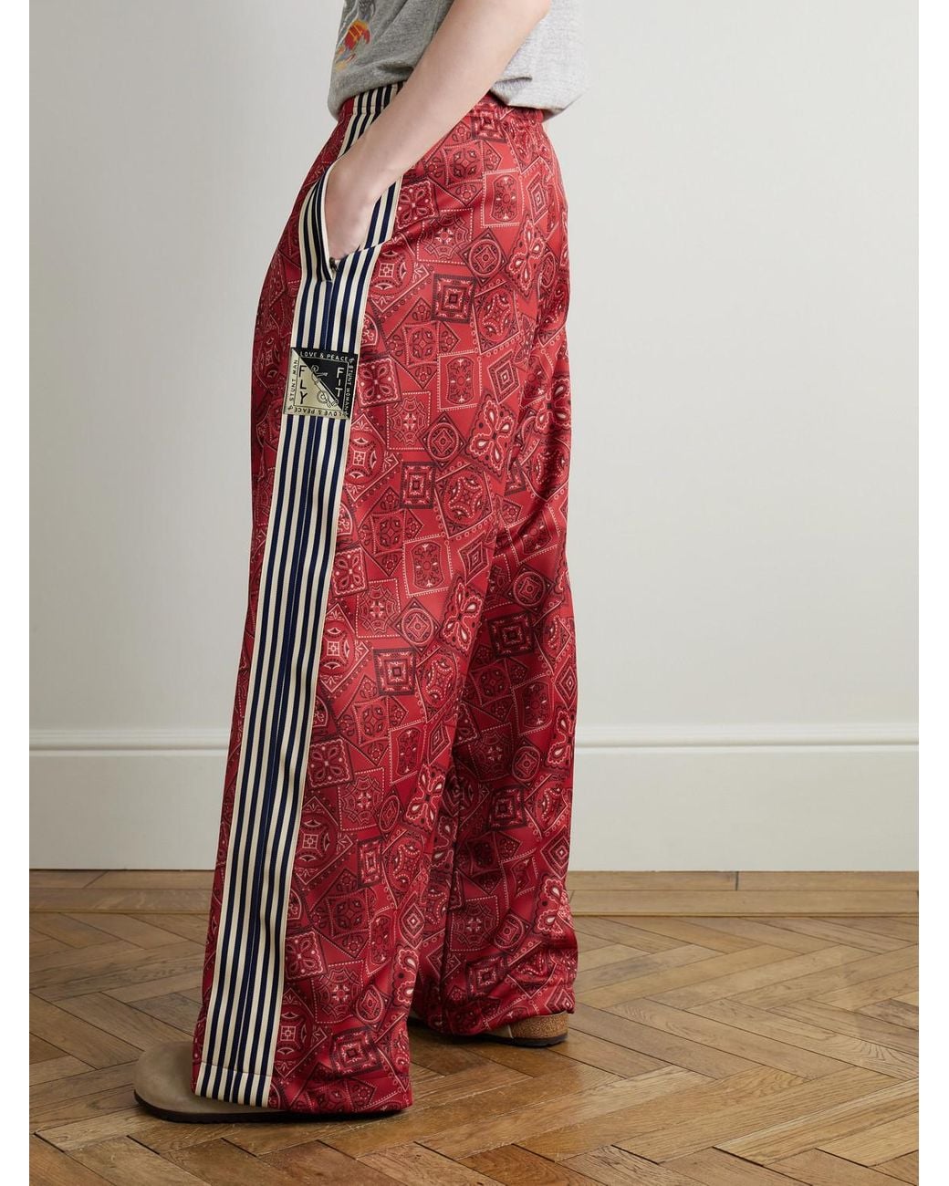 Kapital Red Wide-Leg Striped Webbing-Trimmed Bandana-Print Tech-Jersey Track Pants for men