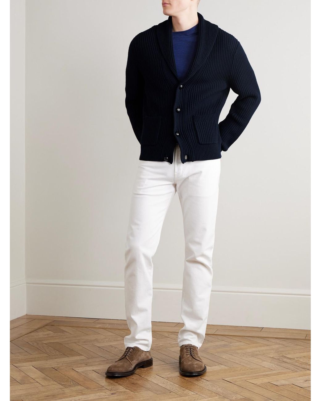 Mr P. Blue Shawl-Collar Ribbed Cotton And Cashmere-Blend Cardigan for men