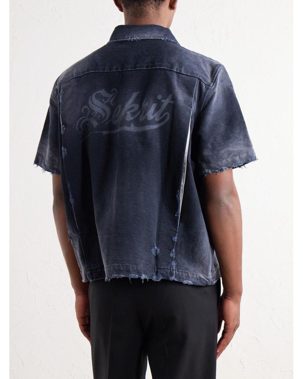 SEKRIT Blue The 1% M.C. Logo-Detailed Distressed Denim Shirt for men