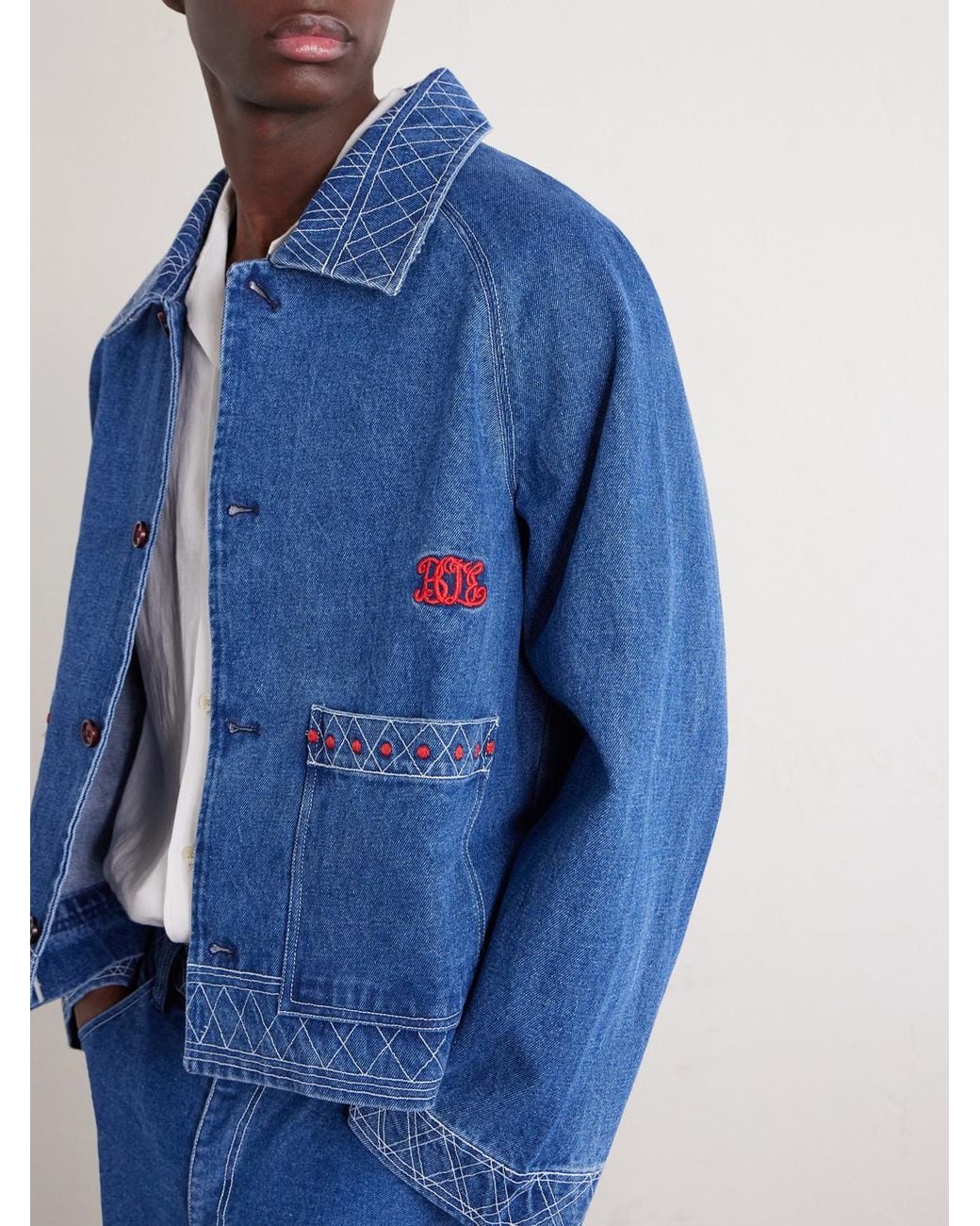 Embroidered Merino Wool-Blend Denim Jacket di Bode in Blue da Uomo