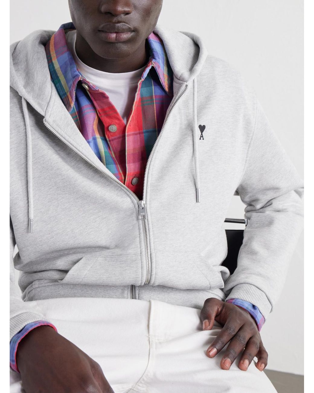 AMI Gray Logo-Embroidered Cotton-Jersey Zip-Up Hoodie for men