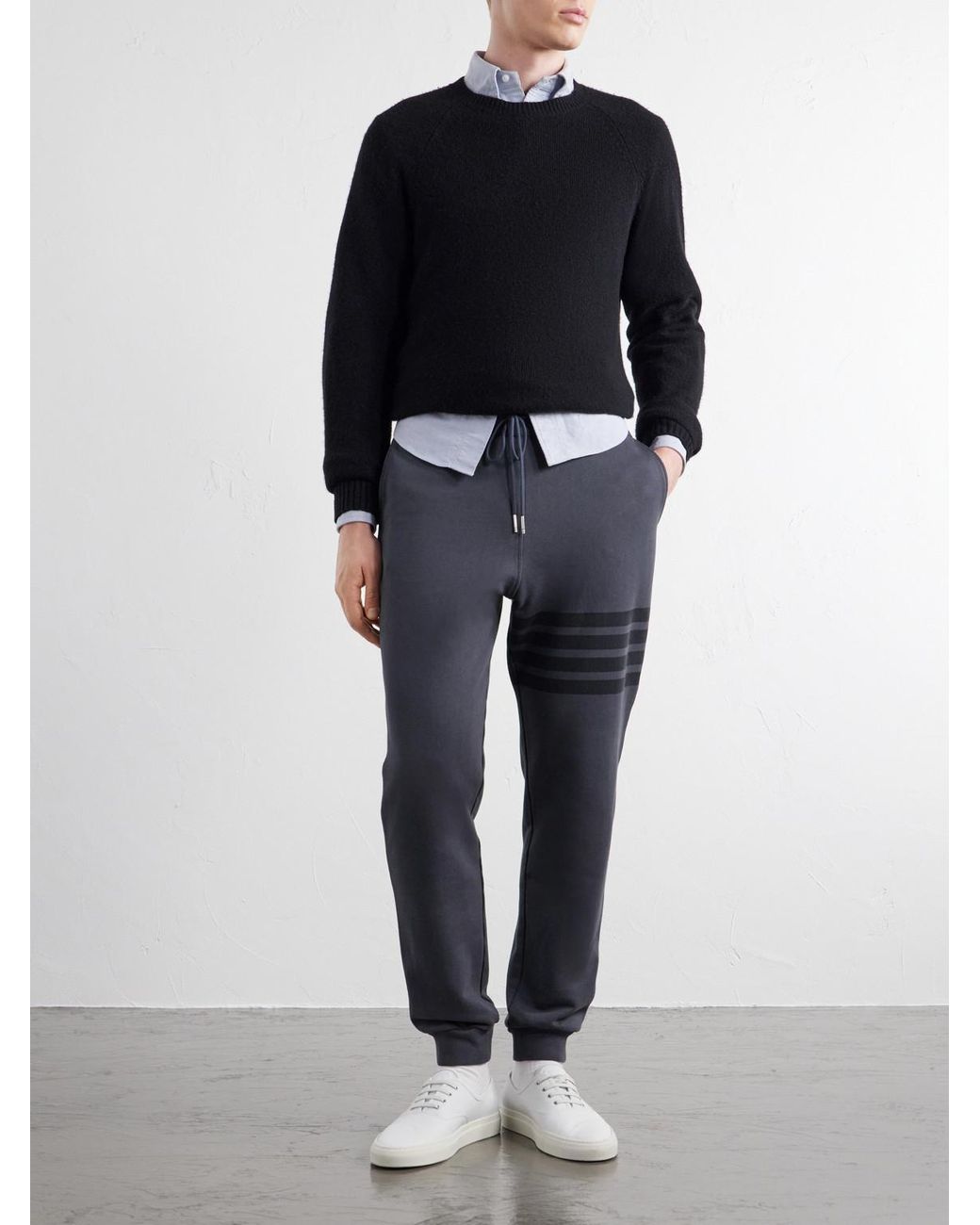 Thom Browne Blue Tapered 4-Bar Detailed Cotton-Jersey Drawstring Sweatpants for men