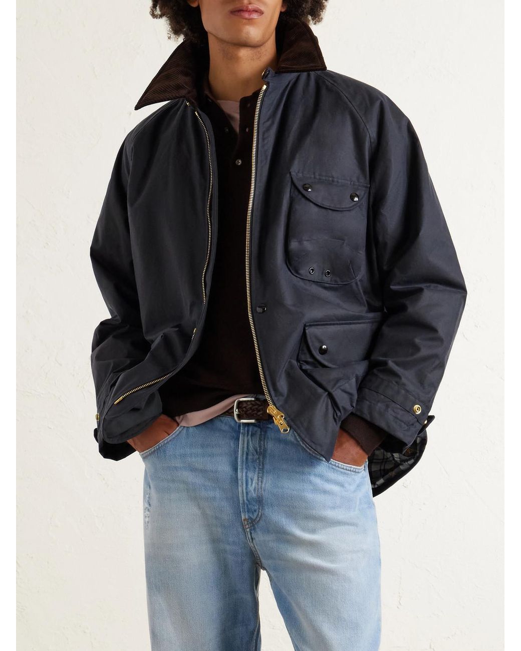 Drake's Blue Padded Corduroy-trimmed Waxed-cotton Jacket for men
