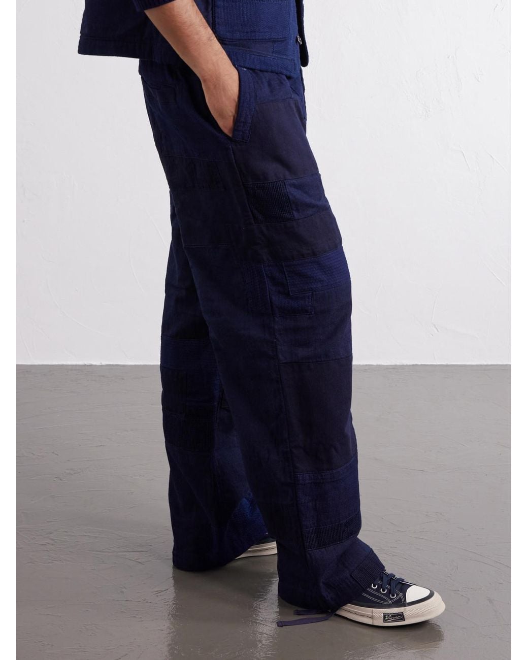 Blue Blue Japan Blue Nenrin Wide-Leg Drawstring Patchwork Cotton-Sashiko Trousers for men