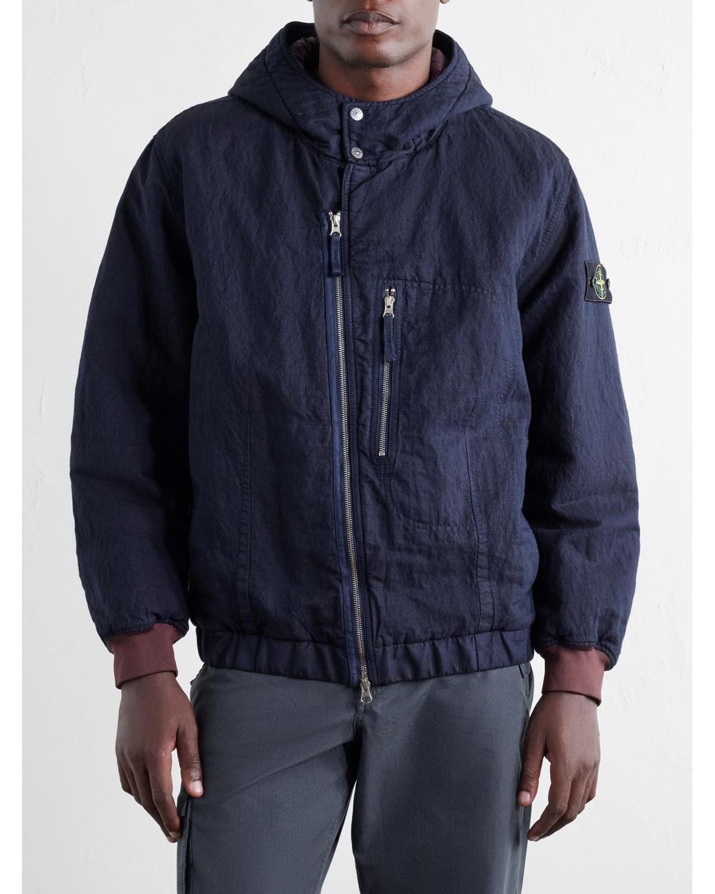Stone Island Blue Garment-Dyed Hooded Cotton Blend-Tc Padded Twill Jacket for men