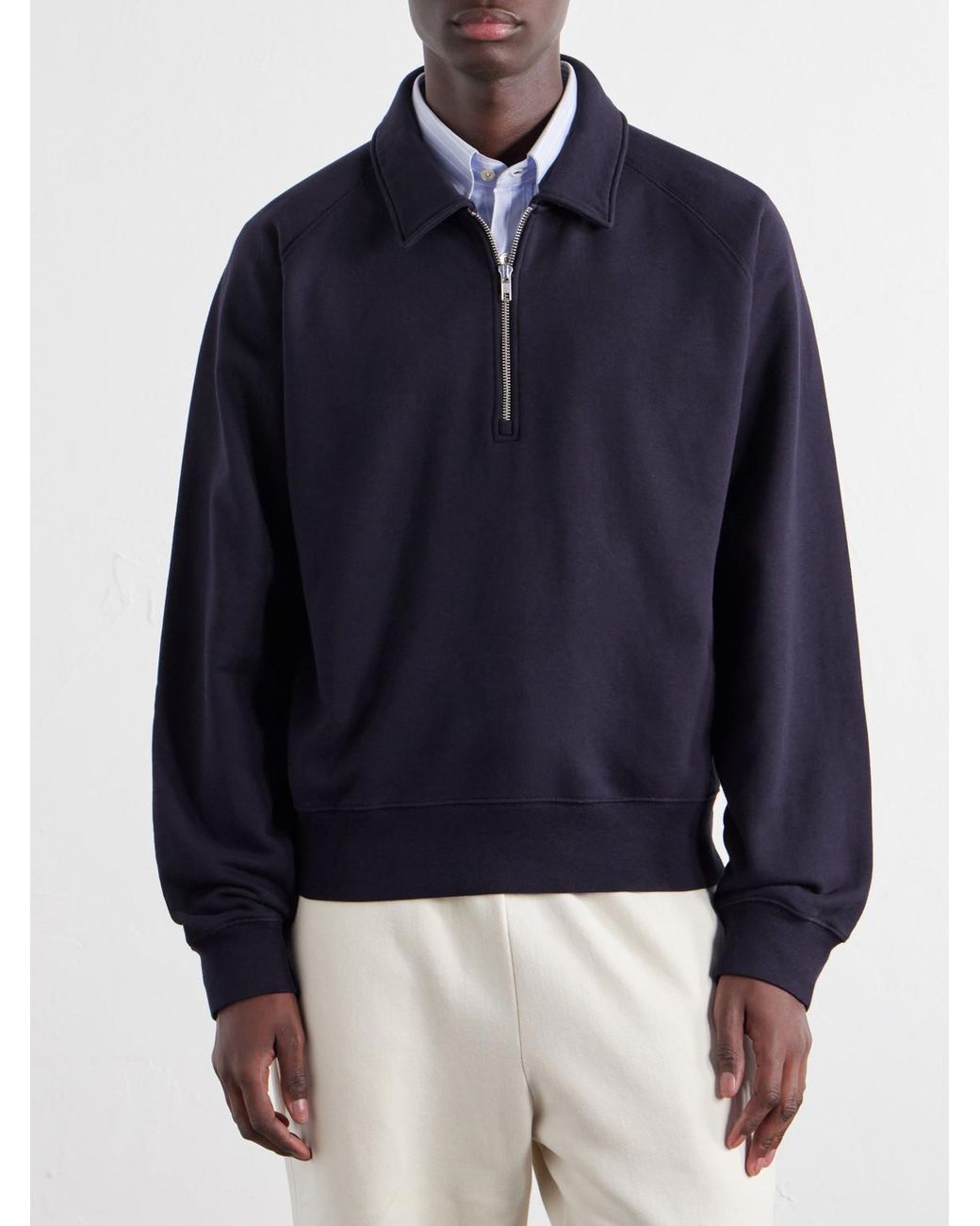 Officine Generale Blue Payo Organic Cotton-Blend Half-Zip Polo Sweater for men