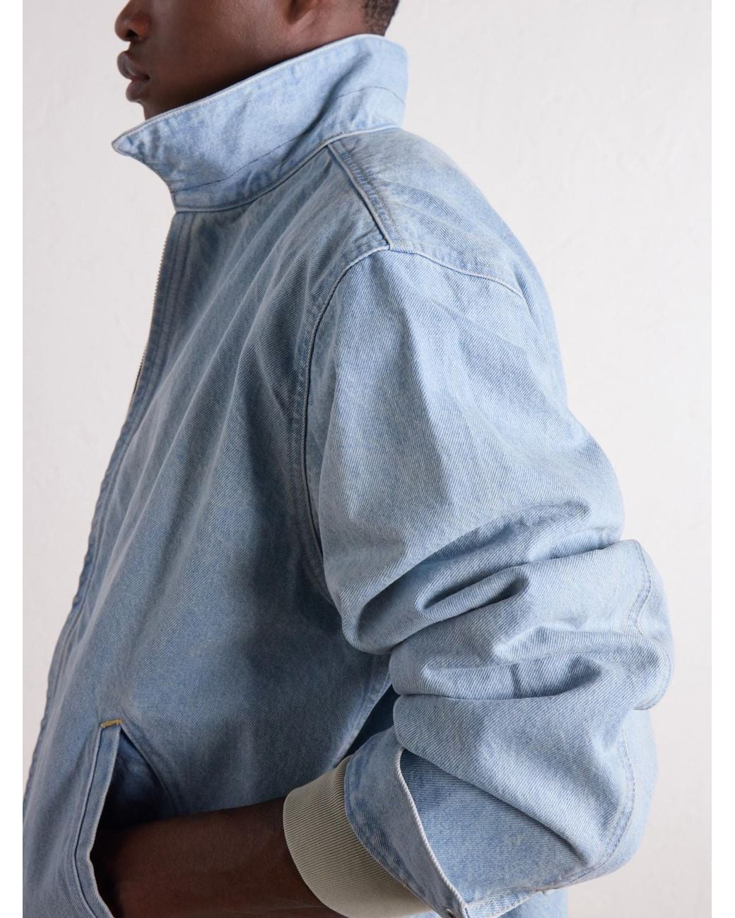 (w)taps Blue Wrecker Logo-Appliquéd Paint-Splattered Denim Jacket for men