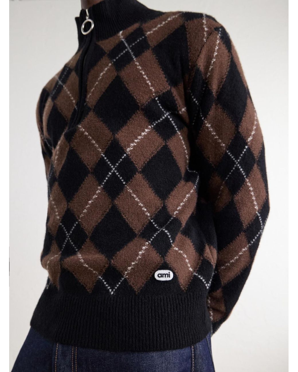AMI Black Logo-Appliquéd Argyle Intarsia-Knit Virgin Wool Half-Zip Sweater for men