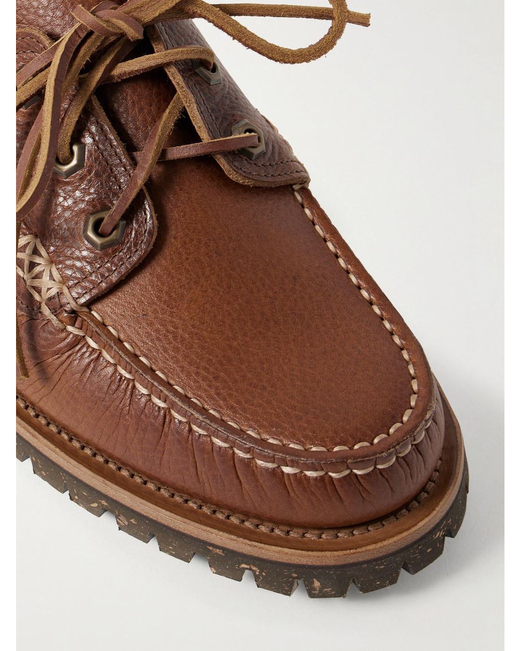 Yuketen Brown Hex Eye Pebble-grain Leather Boat Shoes for men