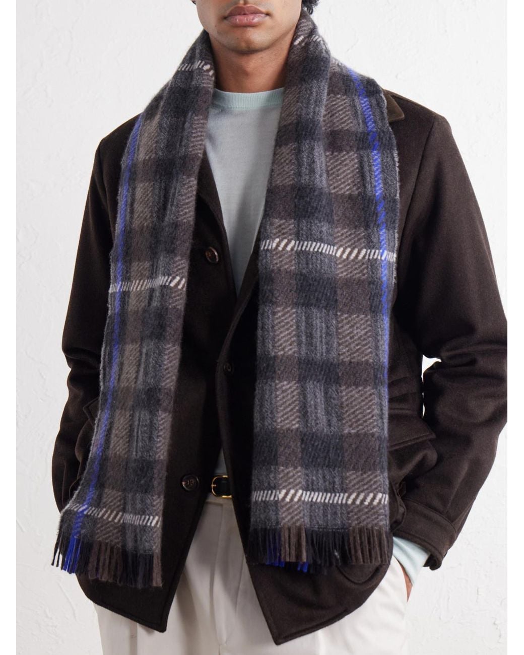 Johnstons Blue Hirta Checked Cashmere Scarf for men