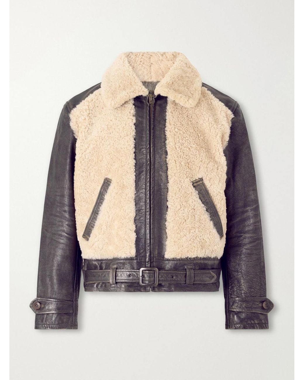 RRL Brown Geronimo Belted Shearling-Trimmed Leather Jacket for men