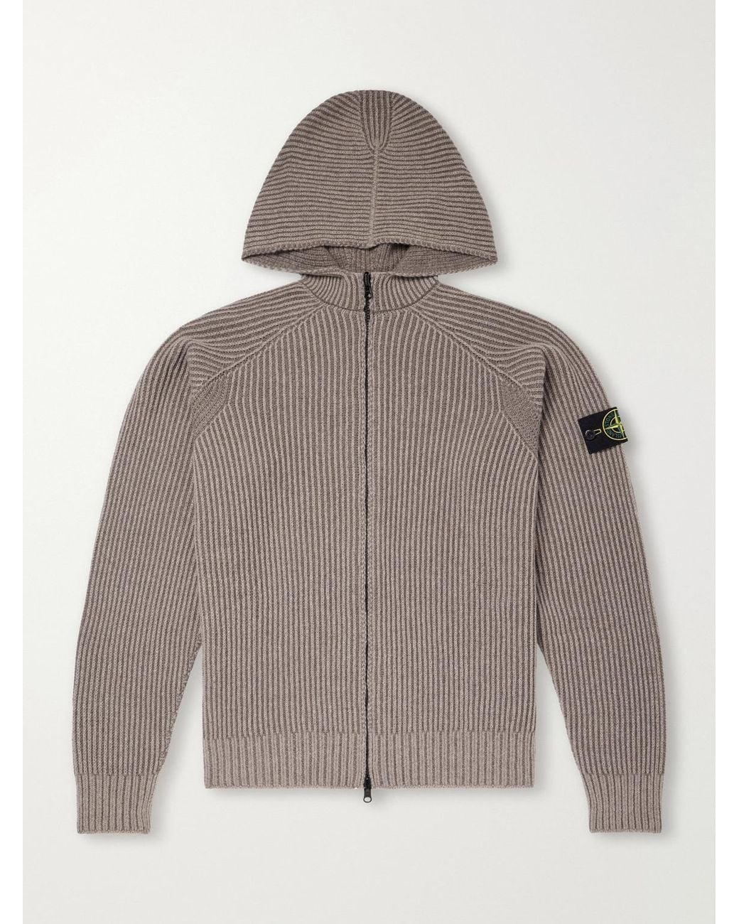 Stone Island Gray Ribbed Cashmere And Wool-Blend Zip-Up Hoodie for men