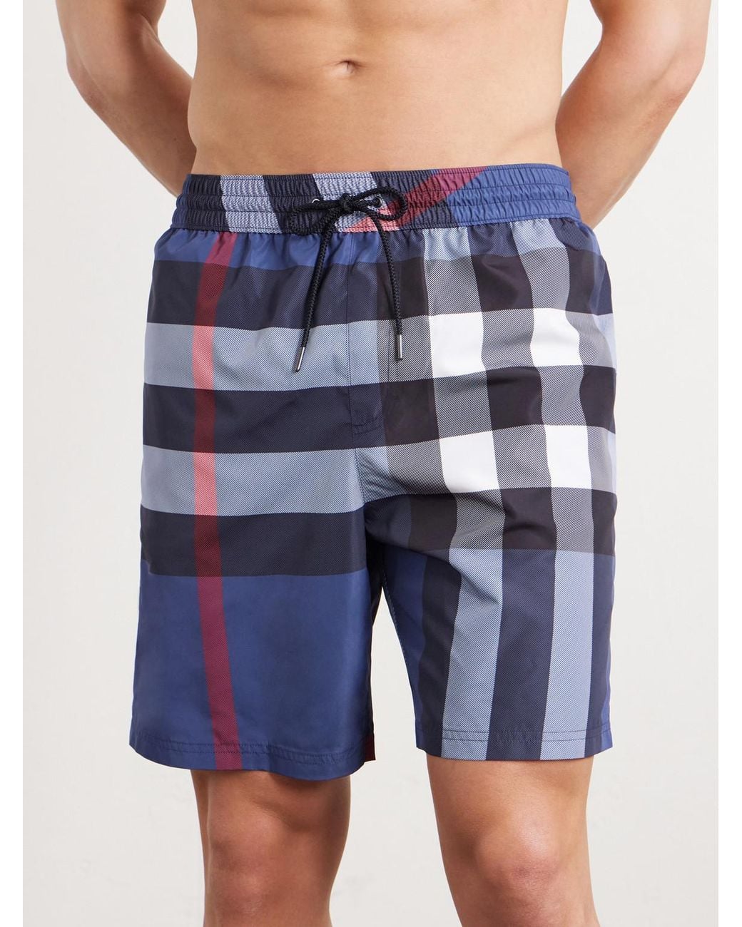 Burberry Blue Straight-Leg Mid-Length Checked Swim Shorts for men