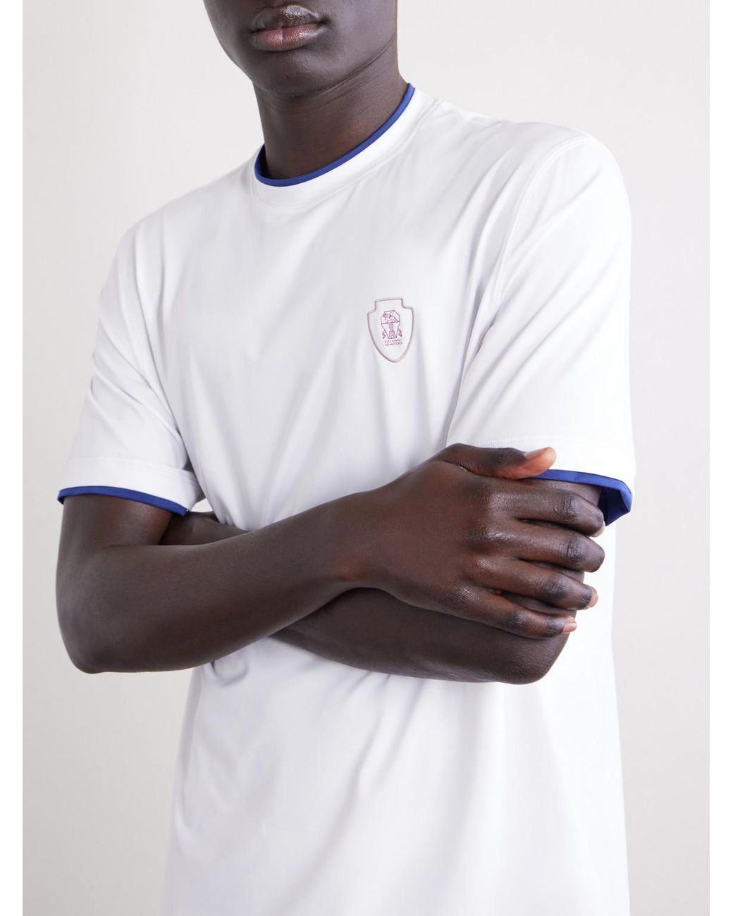 Brunello Cucinelli White Logo-Appliquéd Tech-Jersey Tennis Shirt for men