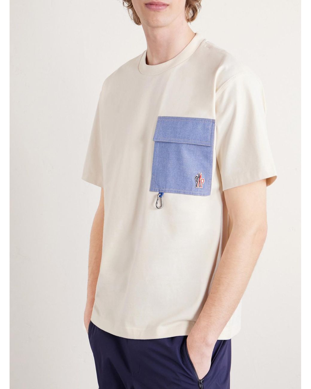 Moncler Natural Logo-Appliquéd Chambray-Trimmed Stretch Cotton-Jersey T-Shirt for men