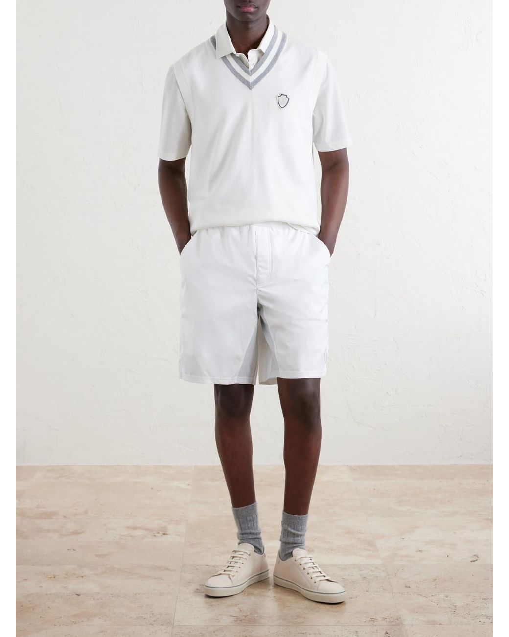Brunello Cucinelli White Logo-Embroidered Cotton Golf Sweater Vest for men