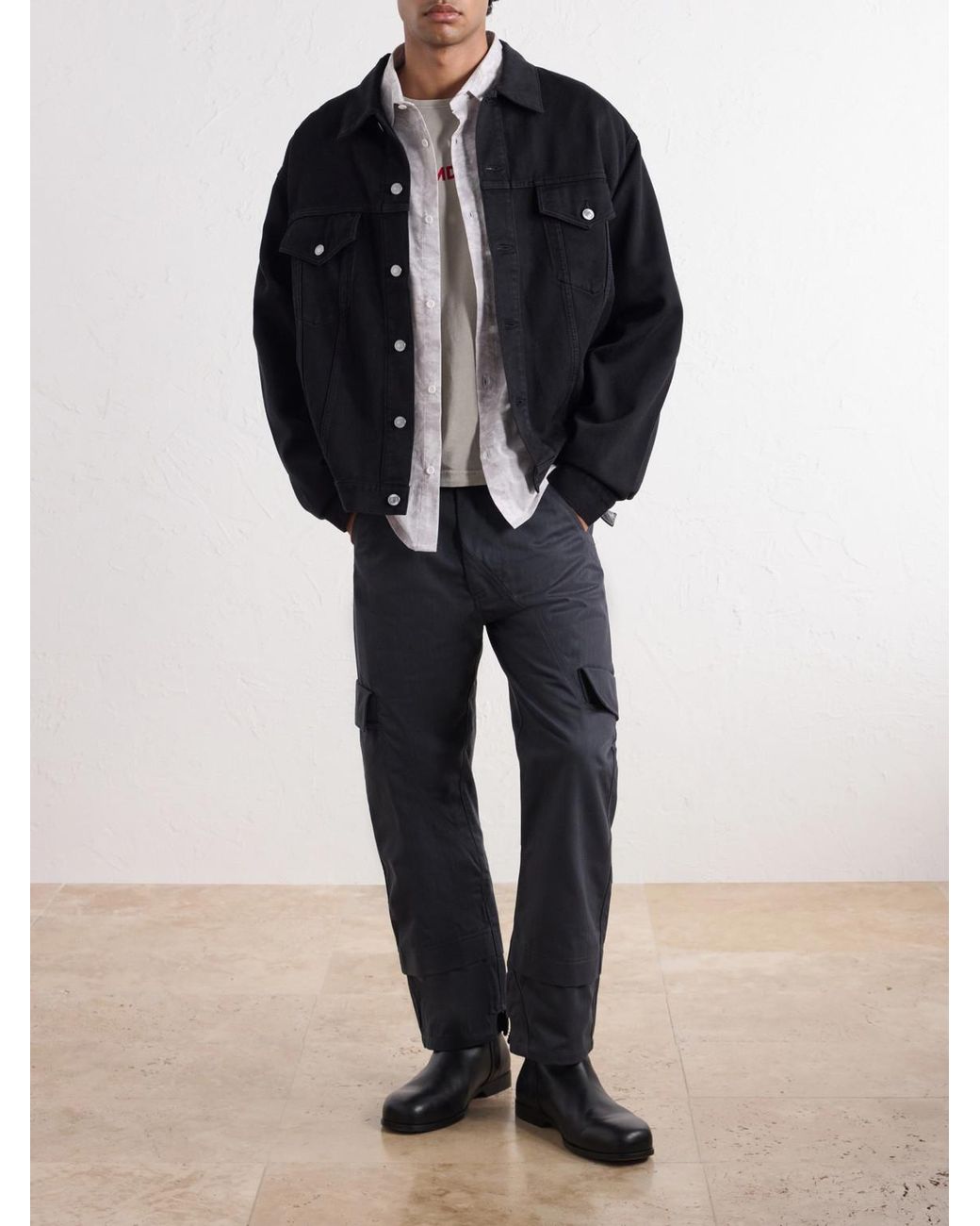 ADON Gray Straight-Leg Cotton Herringbone Trousers for men