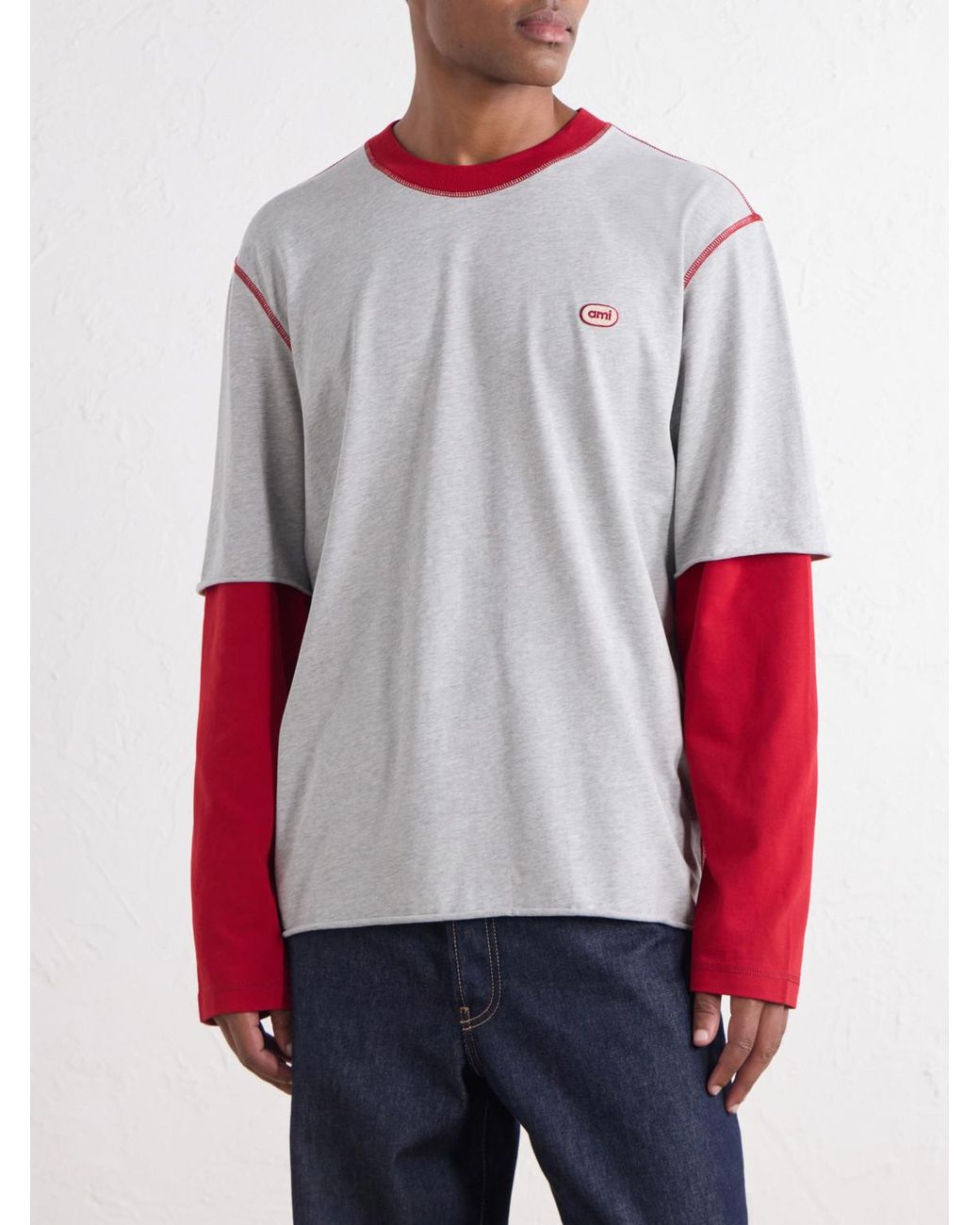 AMI Red Logo-Appliquéd Cotton-Jersey T-Shirt for men