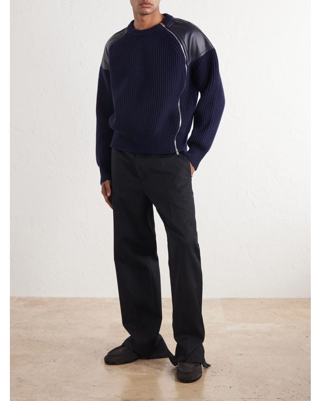 Bottega Veneta Blue Leather-Trimmed Ribbed Wool And Cashmere-Blend Zip-Up Sweater for men