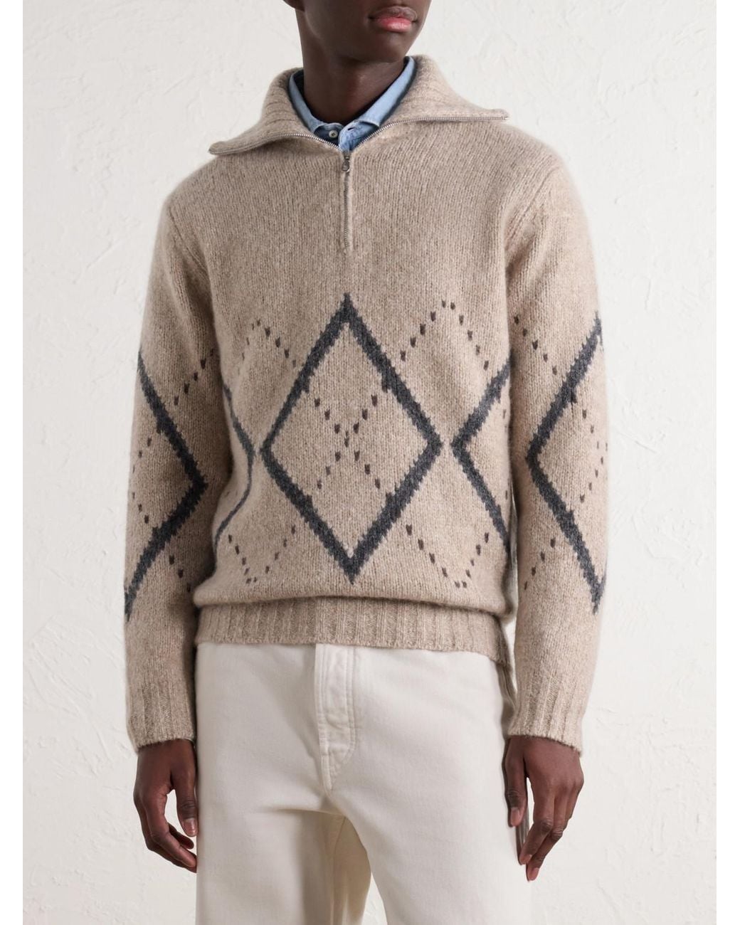Brunello Cucinelli Natural Fair Isle Cashmere And Silk-Blend Half-Zip Sweater for men