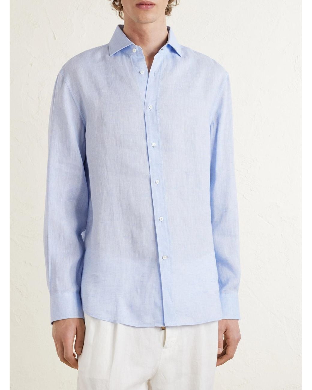 Brunello Cucinelli Blue Cutaway-collar Linen Shirt for men