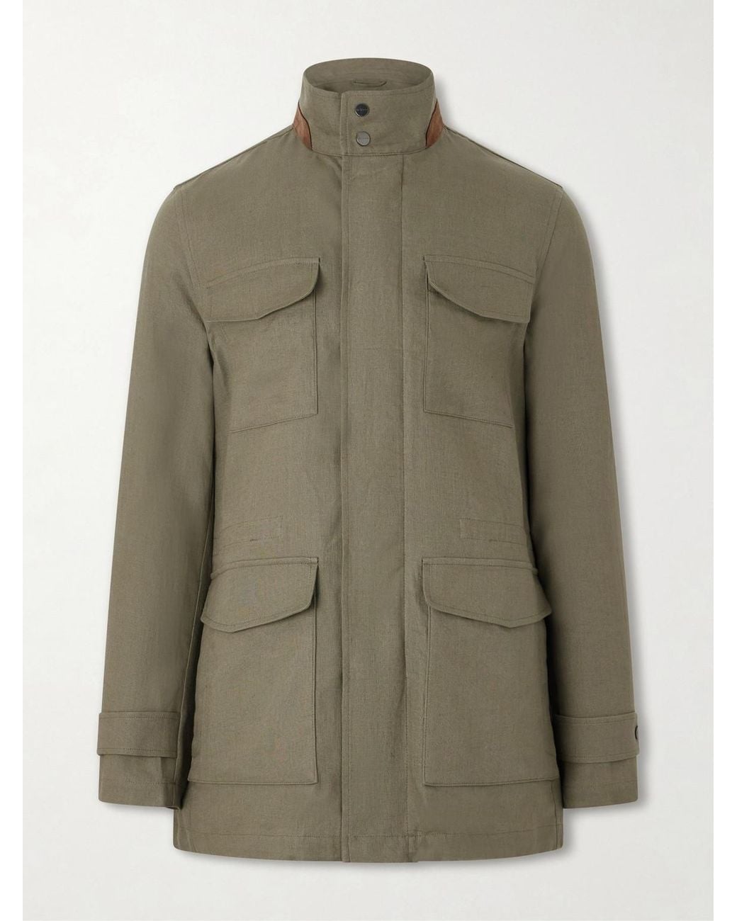 Kiton Green Suede-Trimmed Linen Field Jacket for men