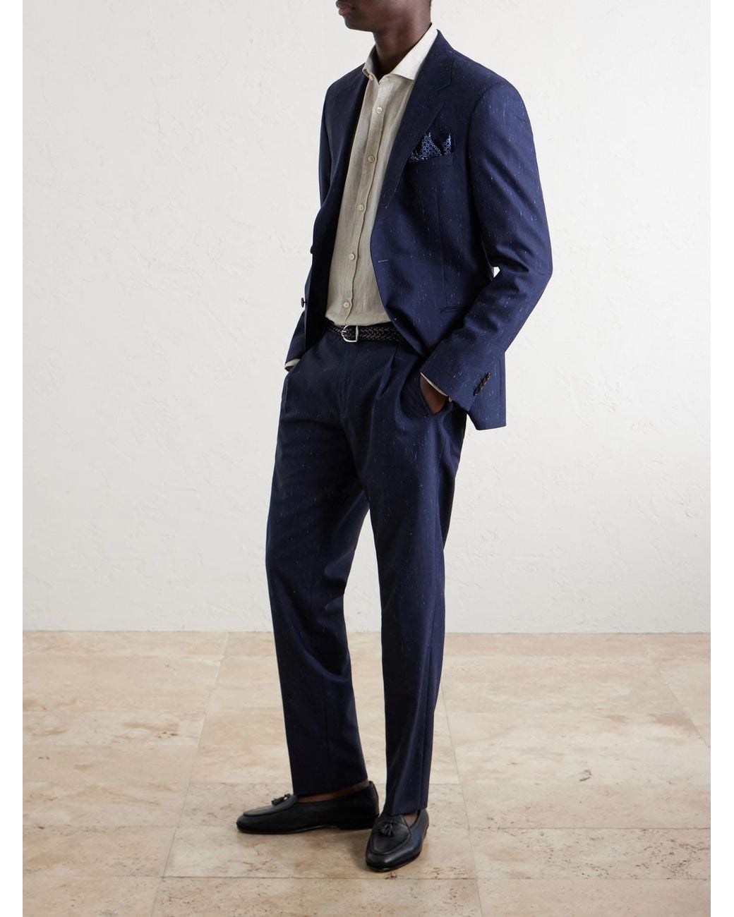 Mr P. Blue Slim-Fit Pleated Wool And Silk-Blend Dupioni Suit Trousers for men