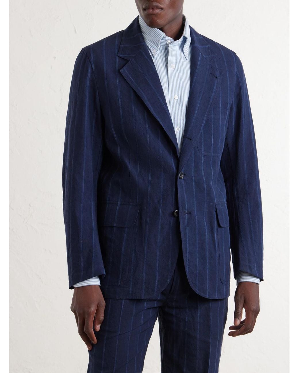 Drake's Blue Games Pinstriped Linen And Cotton-blend Suit Jacket for men