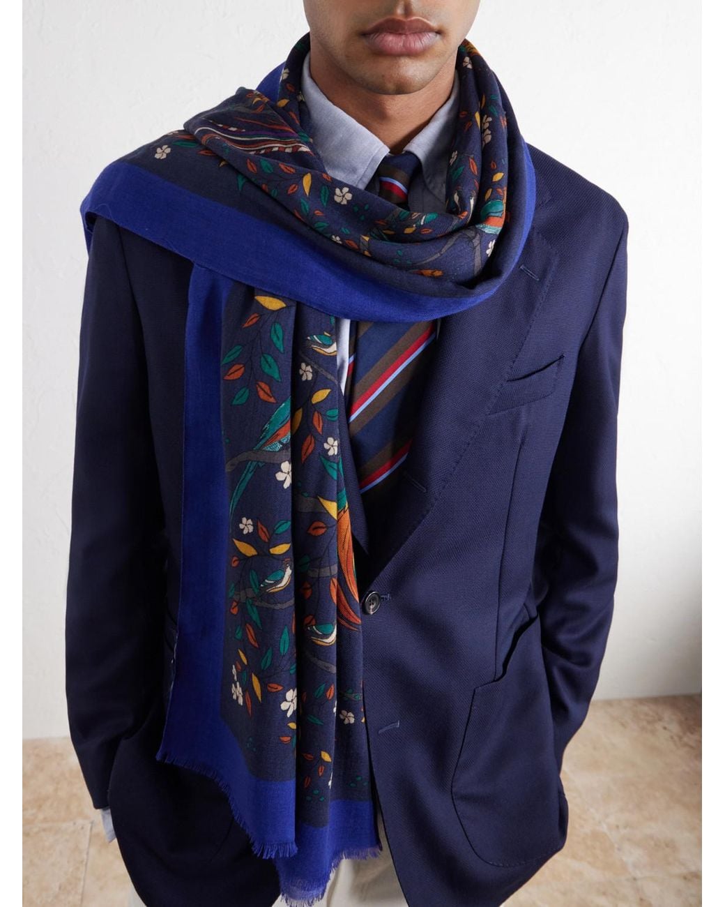 Drake's Blue Printed Wool Gauze Scarf for men