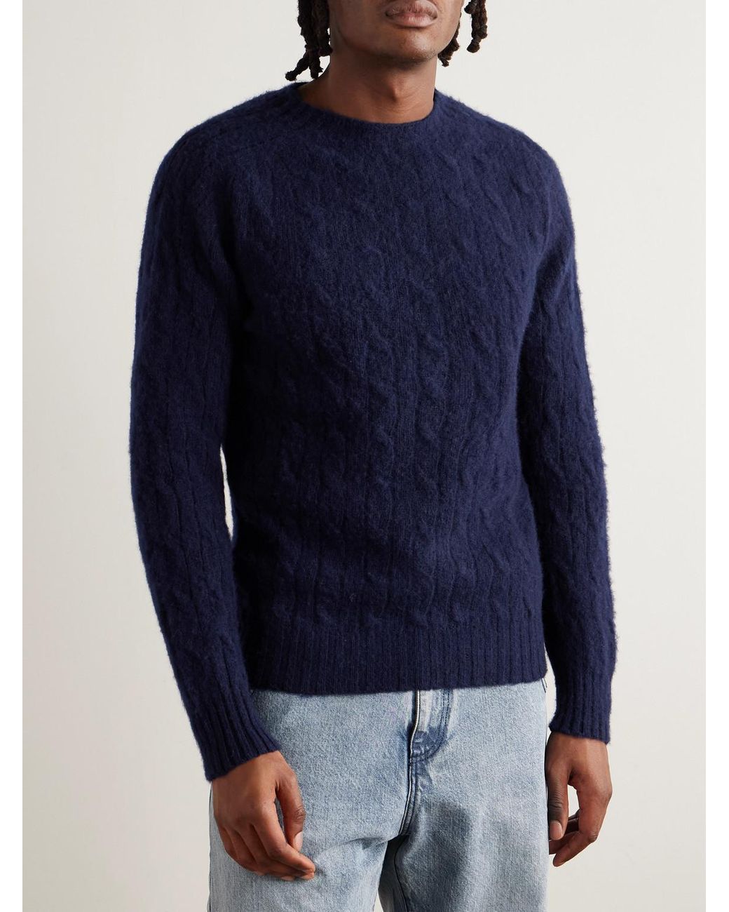 Drake's Blue Cable-Knit Brushed Shetland Wool Sweater for men