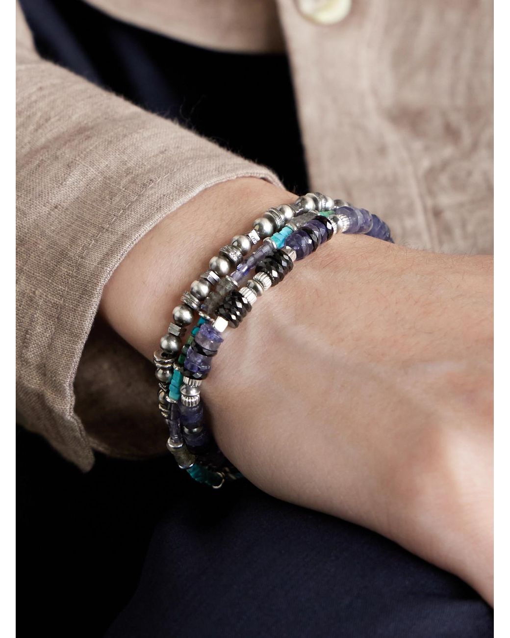 Peyote Bird Blue Set Of Three Sterling Silver Multi-stone Beaded Bracelets for men