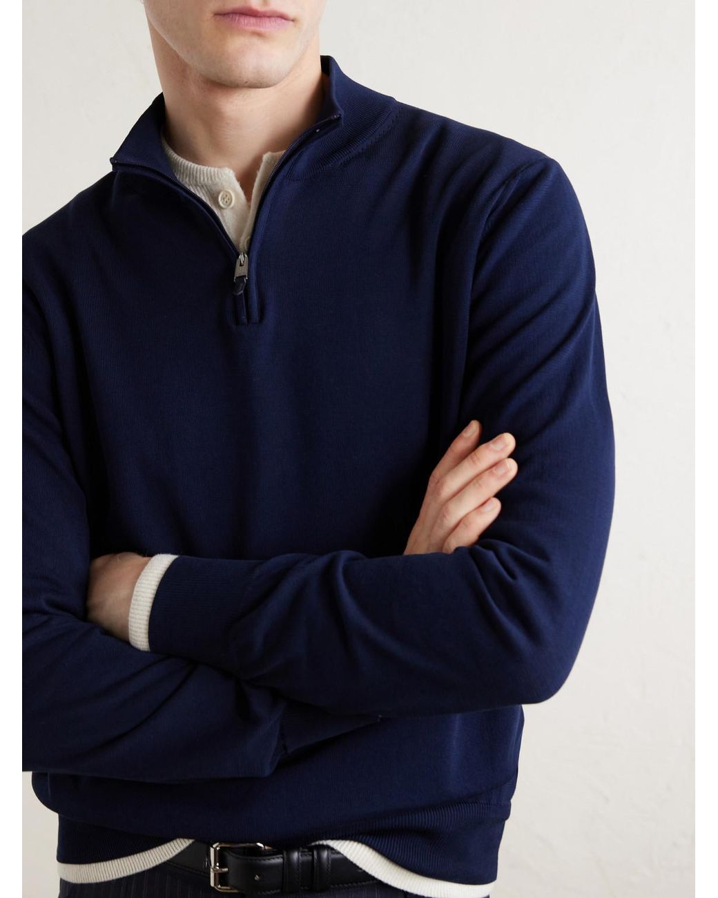 Canali Blue Cotton Half-Zip Sweater for men